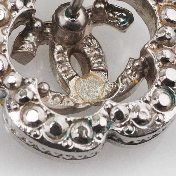 Chanel Silver Metal Crystal Camellia Flower Stud Earrings - Picture 4 of 5